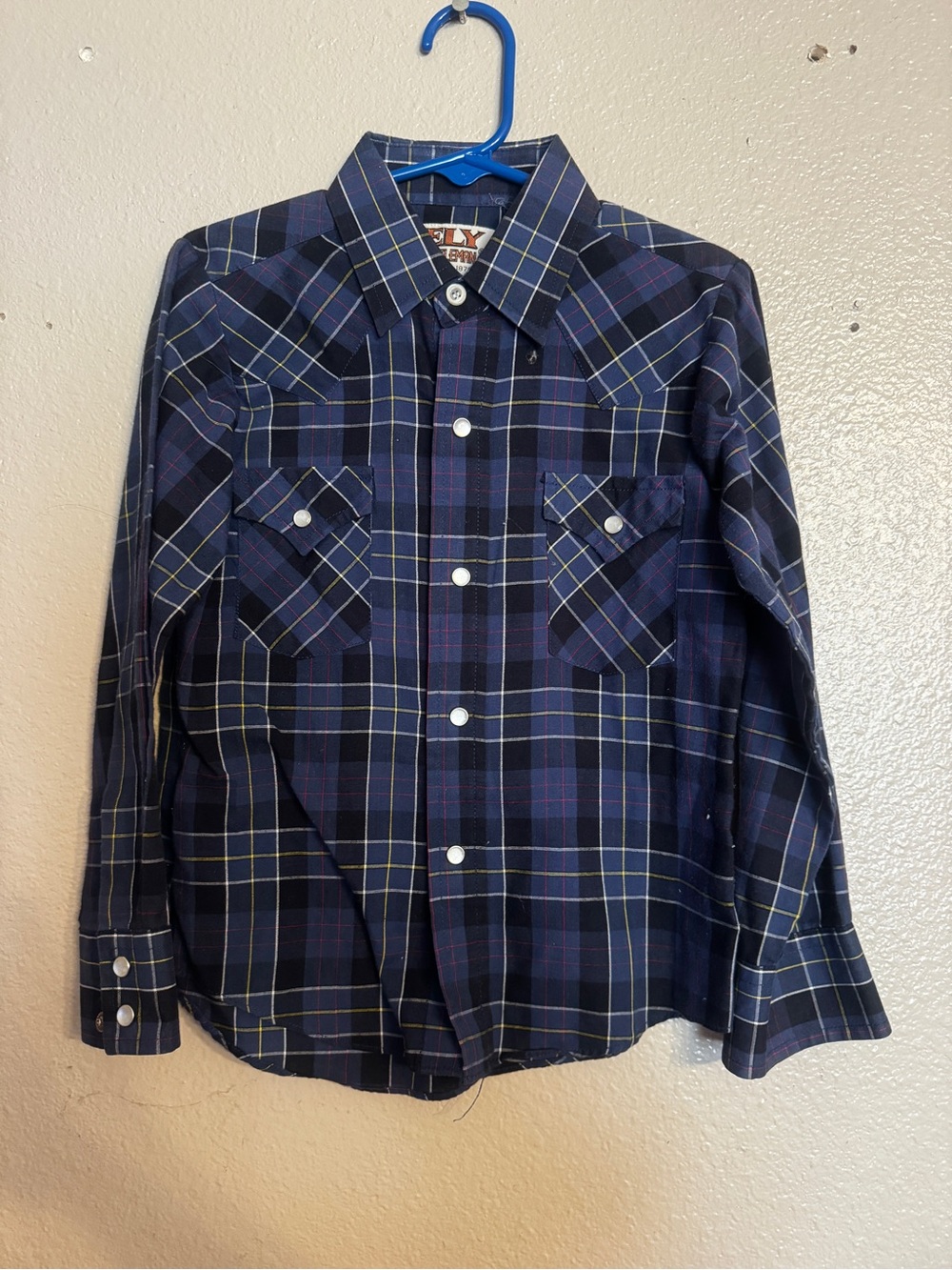Ely Cattleman Navy and Yellow Plaid Button-Down Kids Shirt